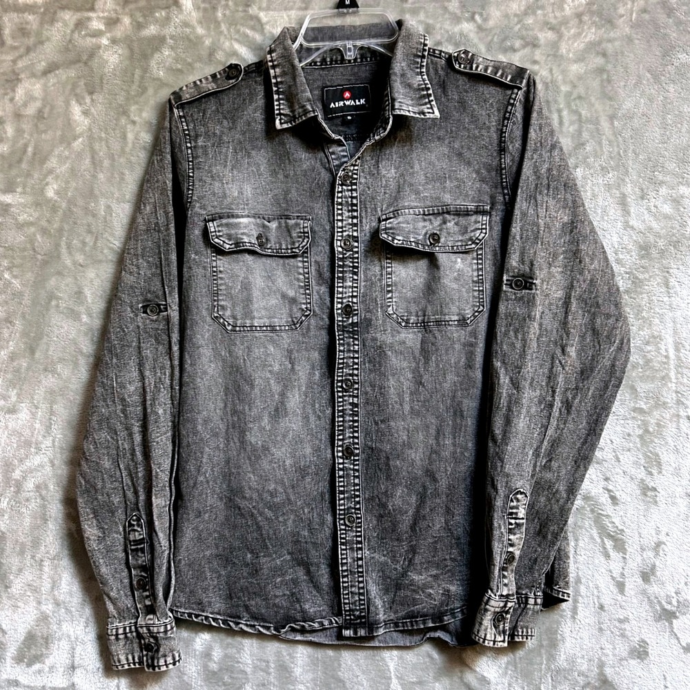 Airwalk Mens Small Grey Acid Wash Button Down Shirt Military Epaulettes